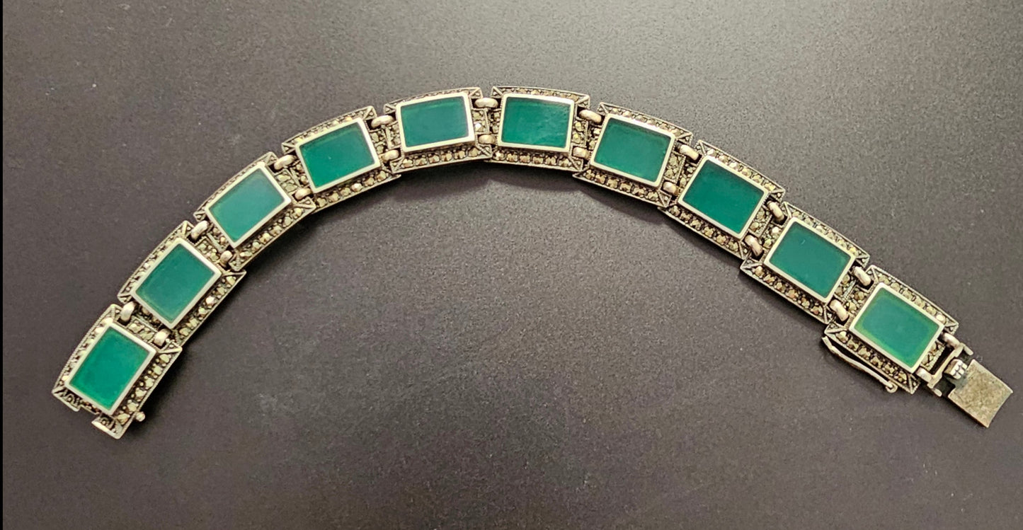 Schön gearbeitetes Art-Deco Achat-Armband mit Markasiten bestückt aus Sterlingsilber