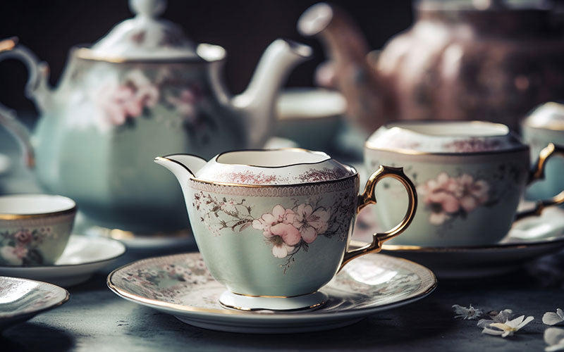 Ein Kaffeeservice aus Porzellan mit Milchkännchen, Tassen und Kaffekanne in der Grundfarbe türkis mit Goldrand wird dargestellt. Das Dekor des Geschirrs bildet rosa Blüten ab.